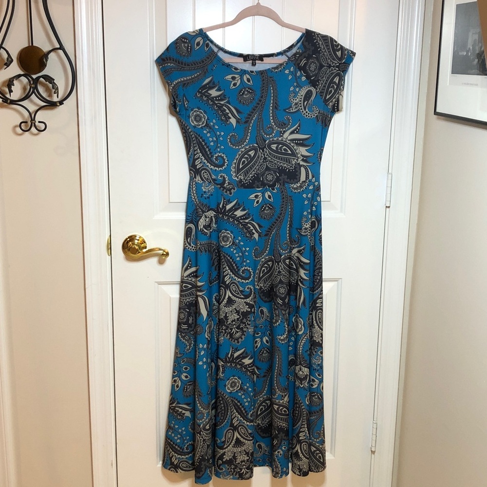 LBisse Blue Dress with Tan and Black Paisley Pattern